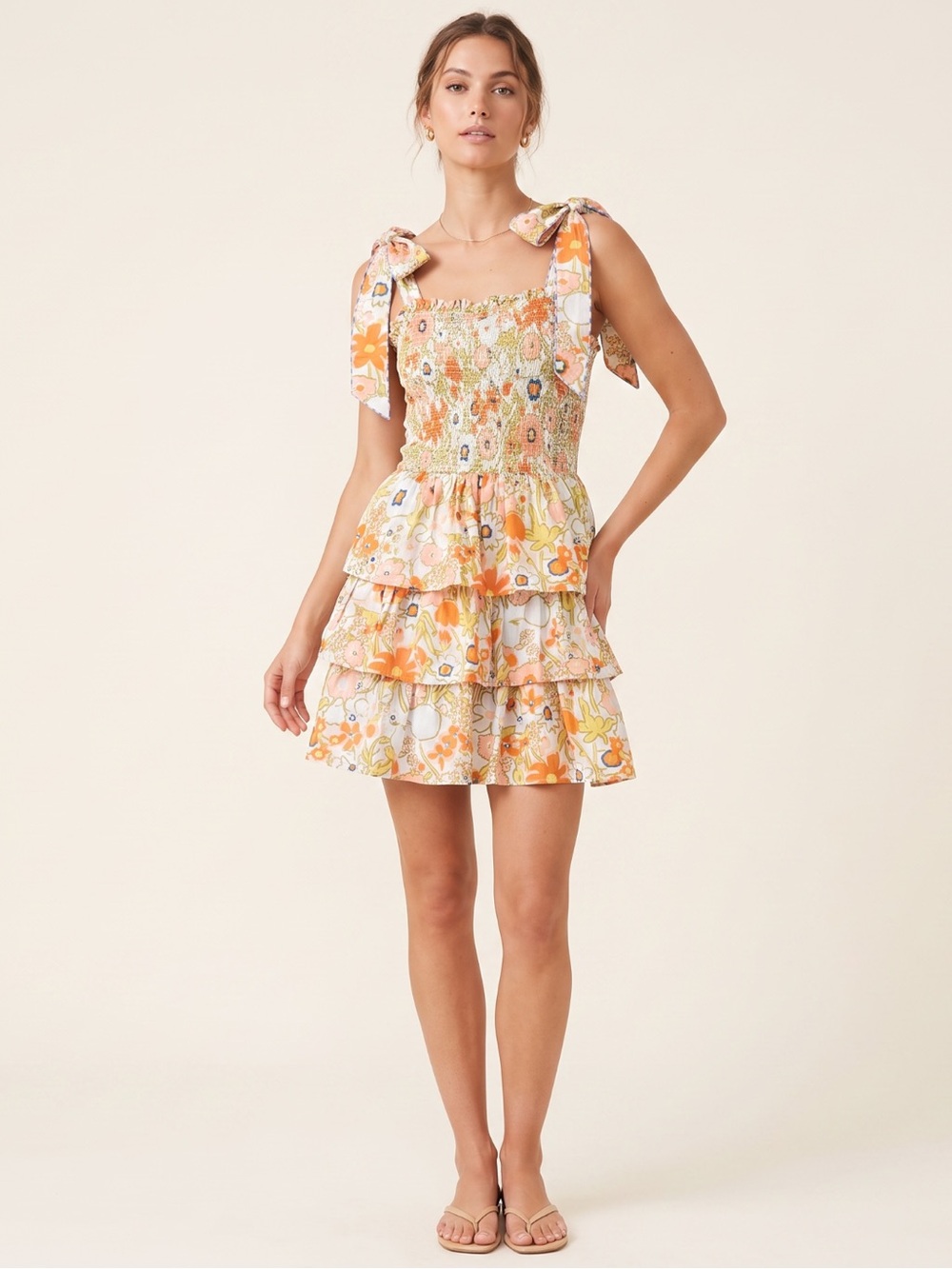 Cleobella Floral Tiered Ruffle Mini Sundress resort Boho Smocked Square Neck
